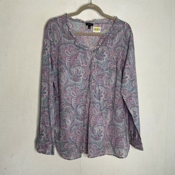 NWOT Talbots Ruffle Trim Paisley Long Sleeve Popover Blouse Women Size XL Pink - Picture 1 of 9